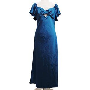 Womens Vubiya Satin Blue Maxi Dress Size M Ruffle Sleeves & Cutout Detail New